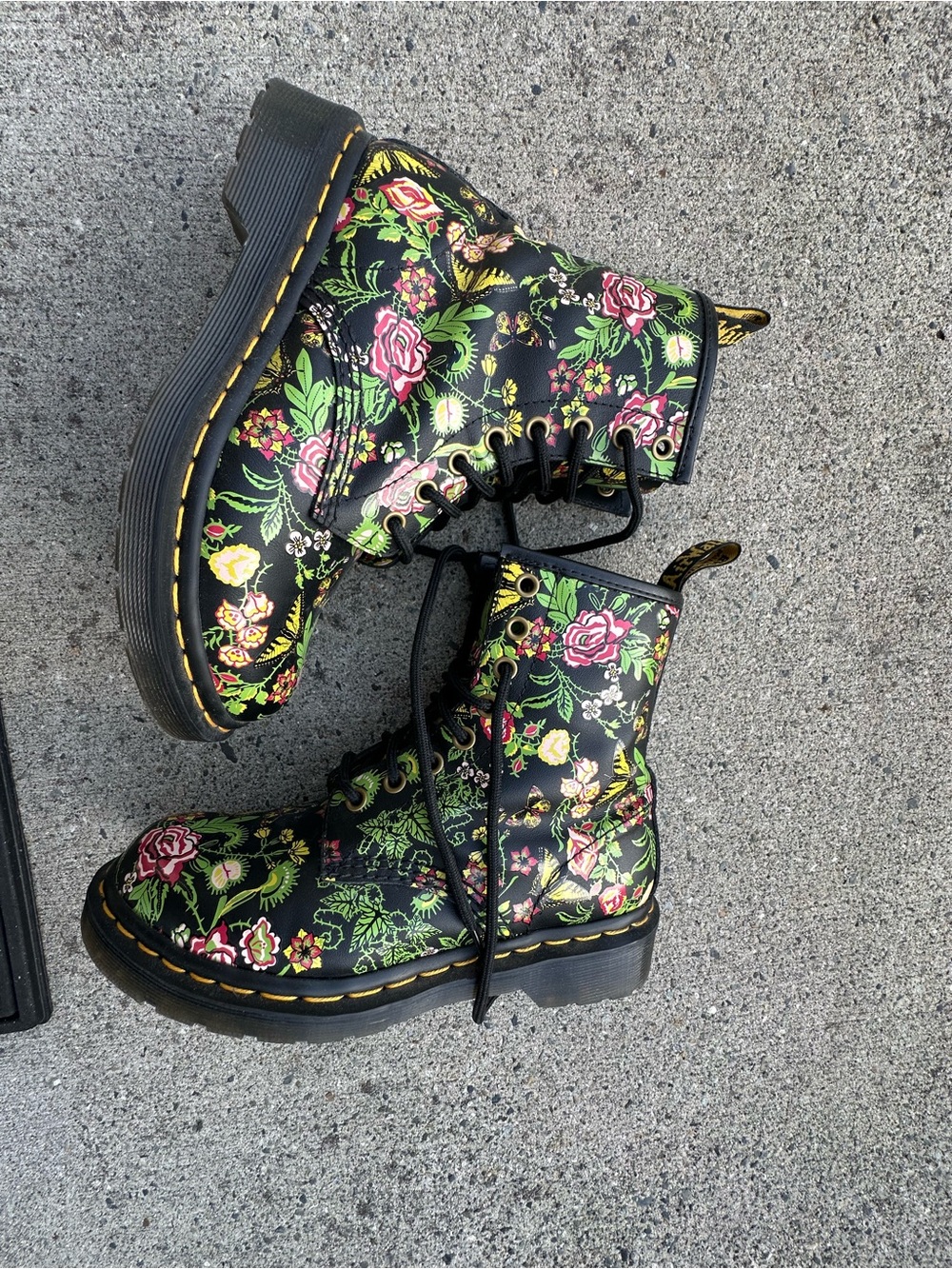 Floral Lace-Up Combat Boots - Black with Multicolor Floral Print